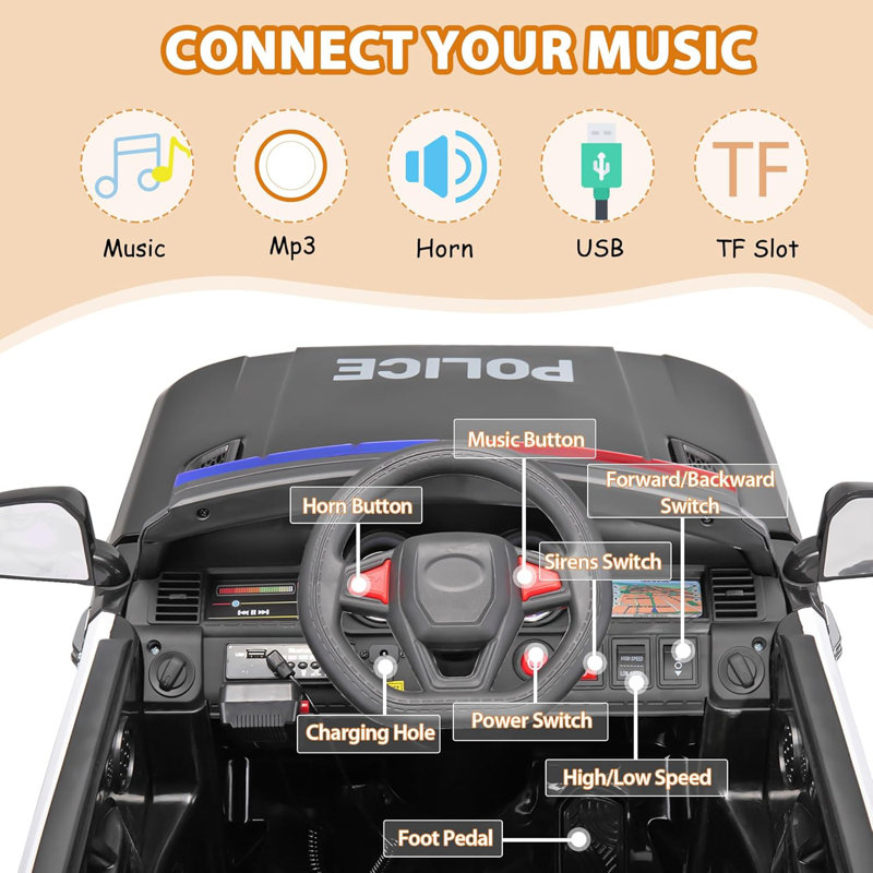 12V Black Police SUV Ride-On Car with Remote Control