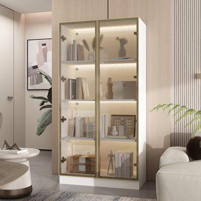 Display Cabinet with Glass Doors and Lights, Glass Display Cabinet with 4-Tier Storage Shelves, Pop-up Design, Trophy Case (80cm W x 40cm D x 160cm H)