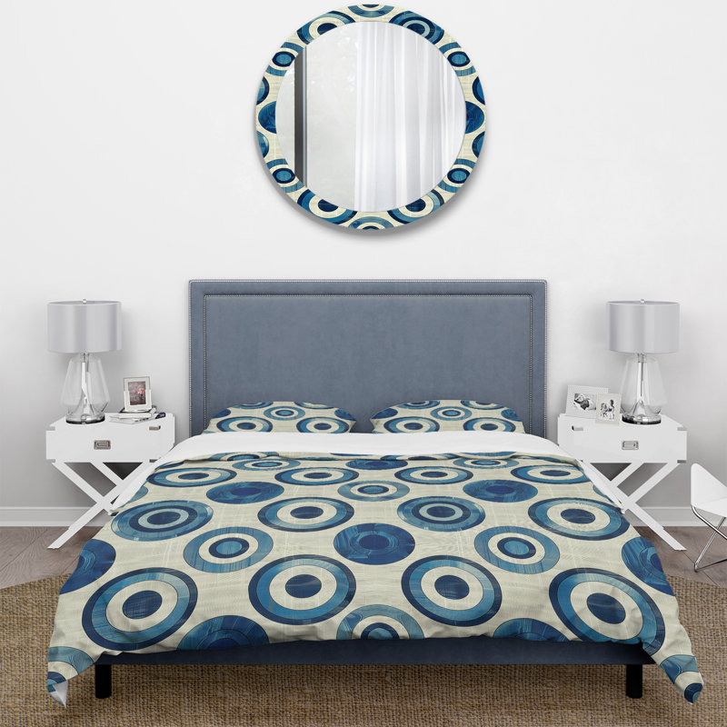 Ensemble de housse de couette rétro bleu gris Midcentury Circles III - Midcentury