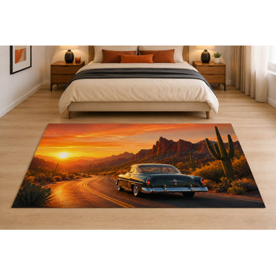 Tapis « Ultra Fin » 152 x 213 cm (5 pi x 7 pi) Vintage Car Mountain Sunset Drive pour chambre d'enfant, chambre à coucher, salon et bureau à domicile, moquette douce à poils courts avec envers antidérapant en silicone