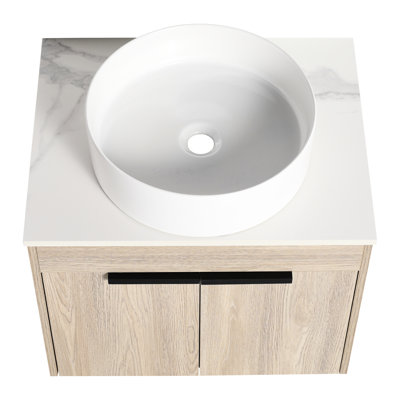 Modern Wall Mounted Bathroom Vanity. White Oak With Ceramic Basin & Soft Close Door For 24" Storage Basin. A Brilliant Ample Capacity
