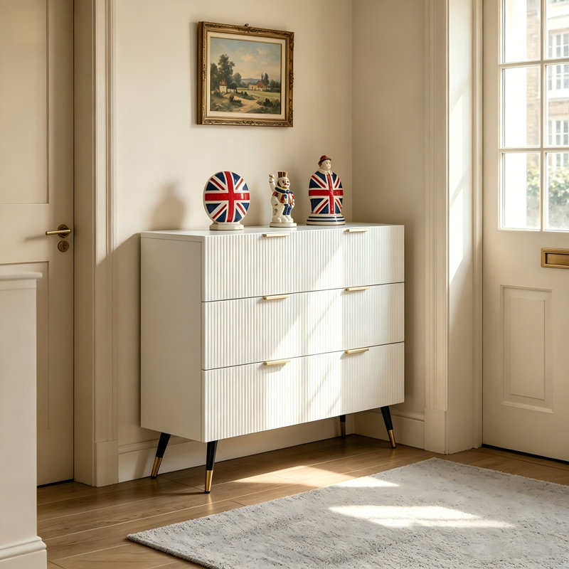 Modern Fluted 6-Drawer Standard Accent Cabinet with Gold Handles Storage Sideboard, White