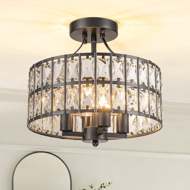 Plafonnier semi-encastré en cristal 4 lumières l 12,5 po Elonso, Noir mat