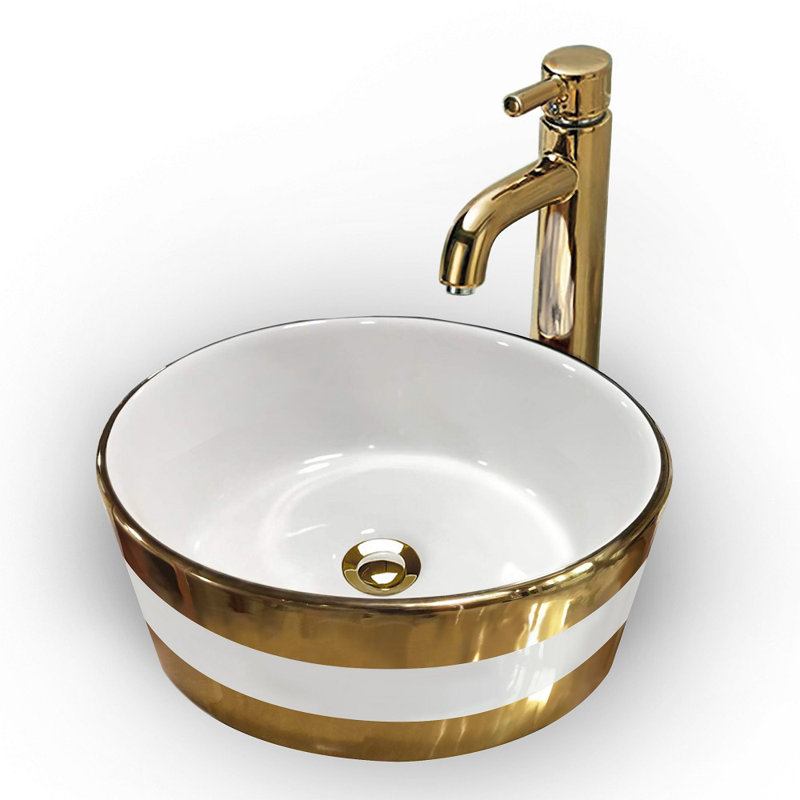 Lavabo de salle de bain vasque circulaire en céramique blanche / dorée 16 po