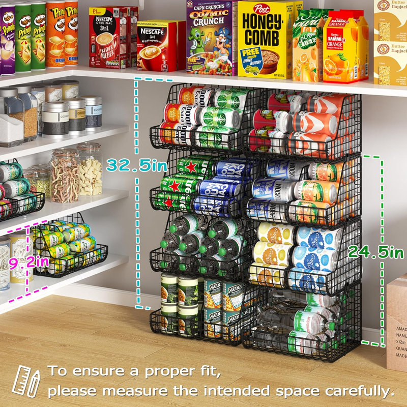 L'organisateur empilable de canettes de soda permet de ranger jusqu'à 72 canettes, un ensemble de 4 boîtes de rangement pour tablettes de garde-manger, 4 supports de canettes de cuisine à 4 niveaux avec 4 diviseurs réglables, un organisateur de boissons grillagées pour tablette d'armoire de garde-manger