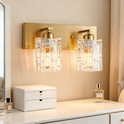 Brushed Gold Crystal Vanity Light With Wave Shade, 2-Light Modern Bathroom Wall Fixture For Mirror Illumination In Bathroom, Living Room And Bedroom