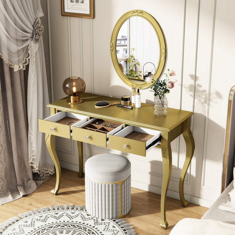 Coiffeuse de maquillage élégante avec miroir ovale et 3 tiroirs, console de luxe pour la chambre à coucher du salon, rangement de bureau doré de haute qualité, rangement de bijoux parfait, fabrication