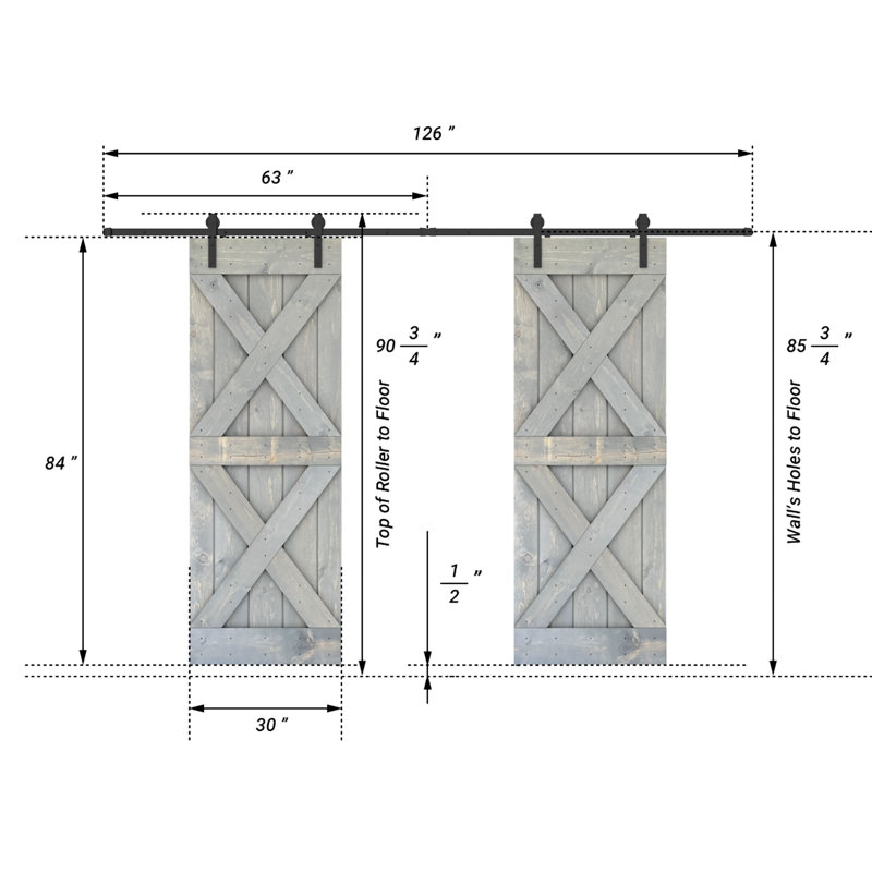 Porte de grange coulissante à panneaux en bois X Series avec trousse de quincaillerie d'installation (DIY) 2 6, 60 po x 84 po