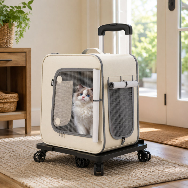 Sac à dos de transport pour animal de compagnie à grande capacité avec poignée télescopique et ouverture latérale ventilée pour chats et petits chiens