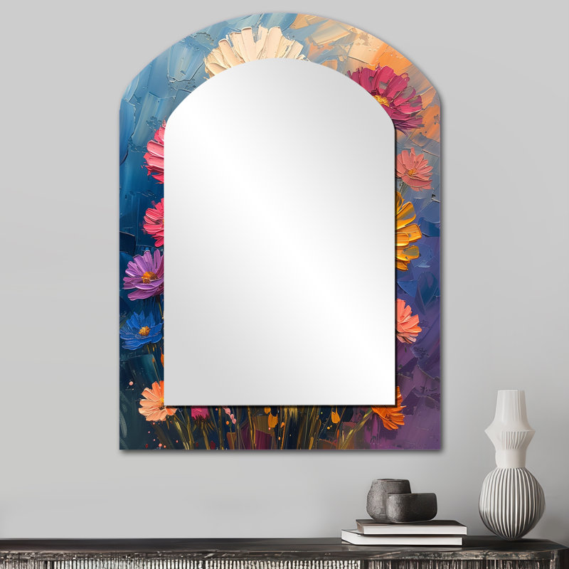 Collage de fleurs de pissenlit blanc mauve II - miroir décoratif arche de pissenlit, miroir mural asymétrique traditionnel, impression sur métal