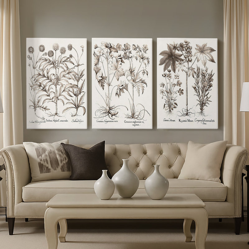Sépia Besler Botanicals IV - Toile tendue avec châssis sur mesure - 3 pièces