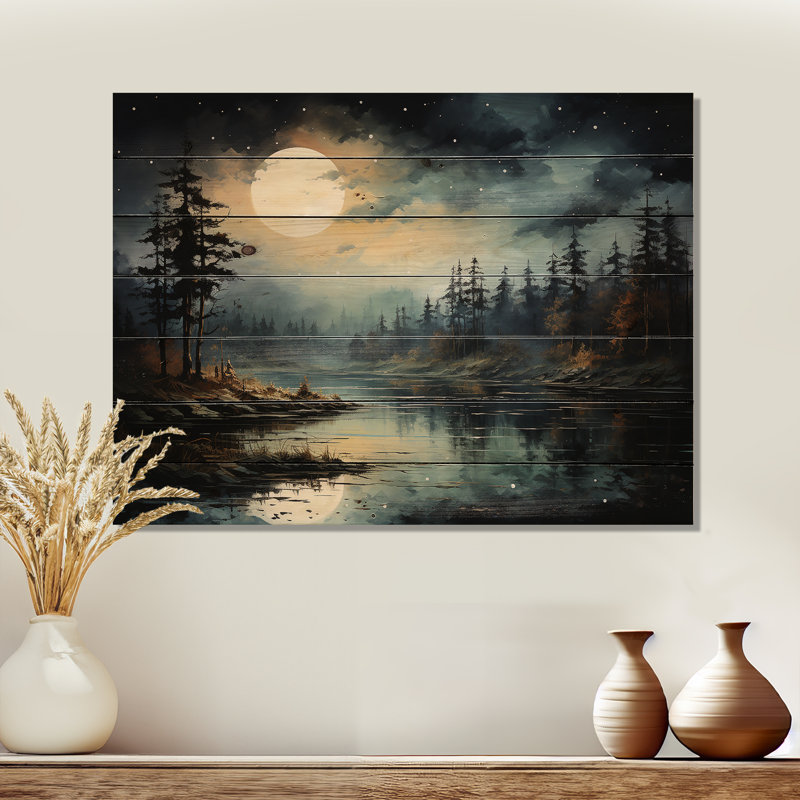 Magical Forest Moons Melody - Minimalisme, art mural sur bois de pin naturel, H 24 po x l 32 po