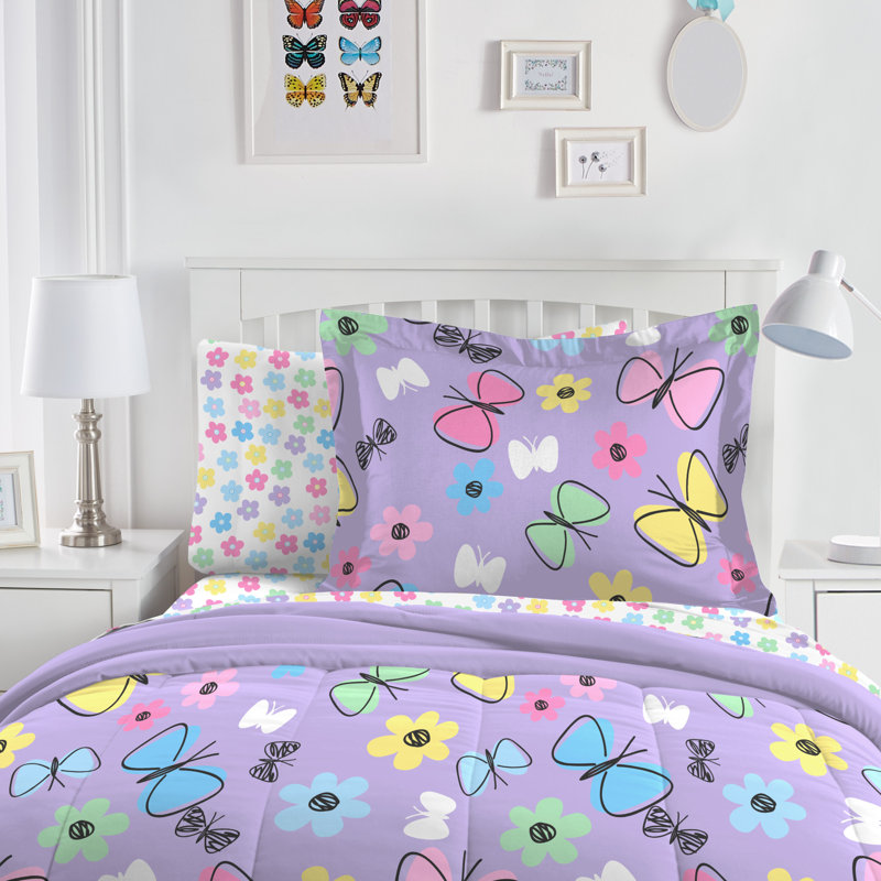 Purple Microfiber Twin Girls' Reversible Bed in a Bag Set