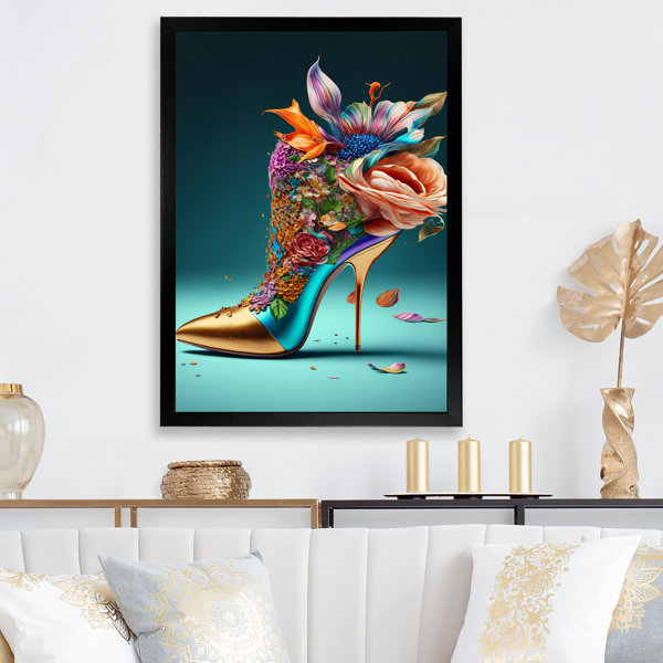 Mercer41 Blue Floral Hight Heels IV Framed On Canvas Print | Wayfair