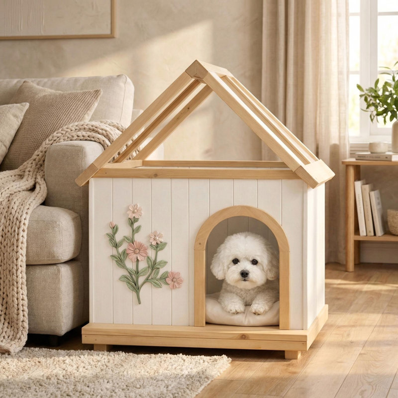 Niche pour chien en bois de cèdre floral sculpté à la main avec coussin 