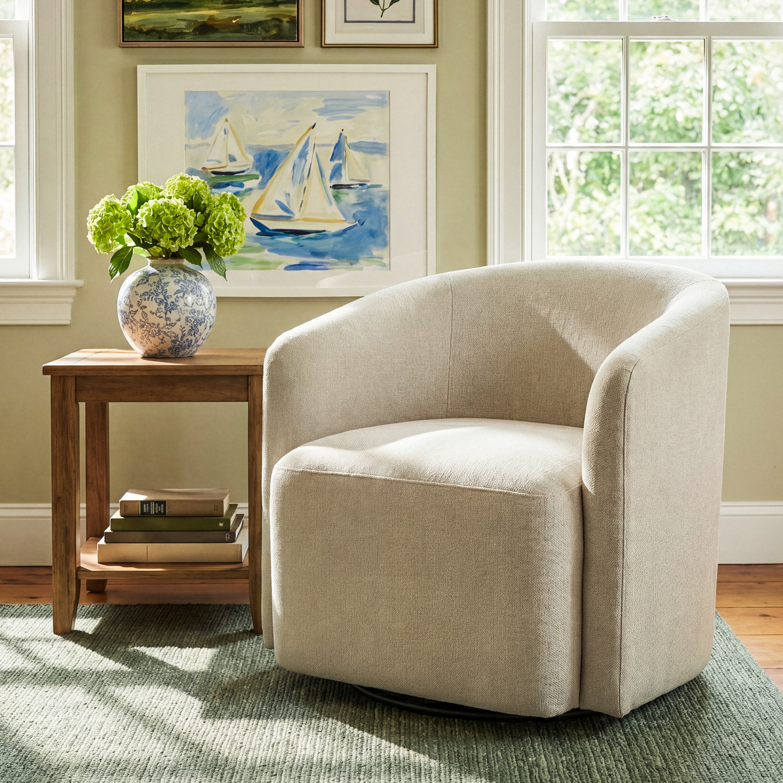 Arlo Swivel Barrel Chair, Blue Polyester Blend