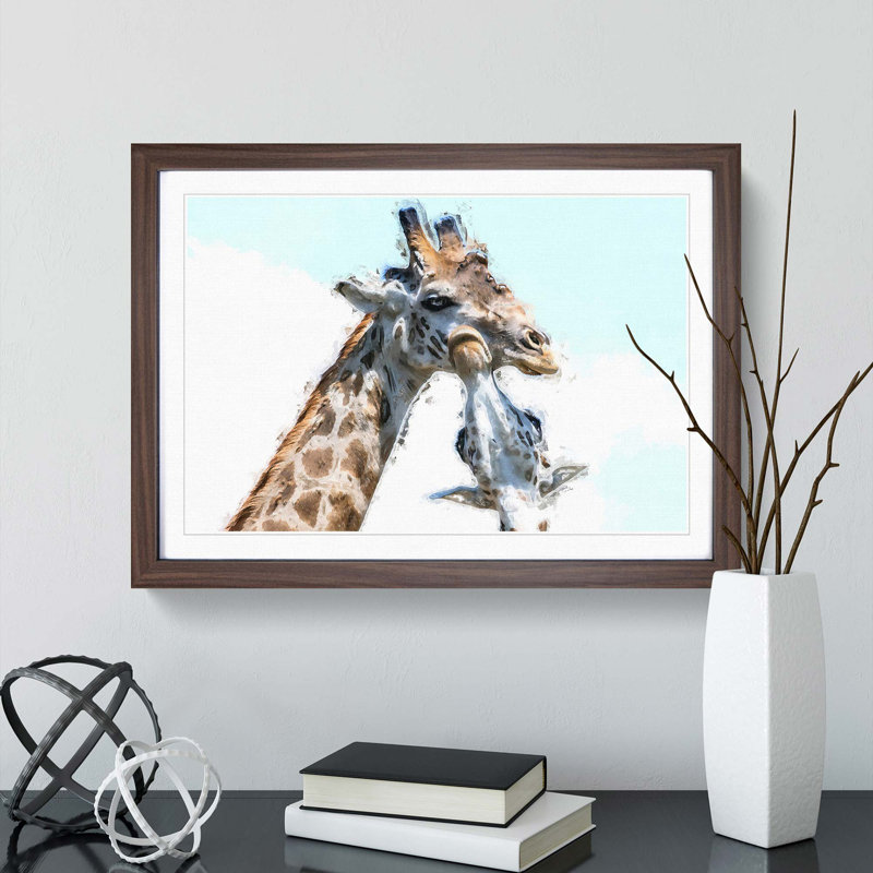 Giraffe with Calf - Picture Frame Painting Print, 62cm H x 87cm W x 2cm D, Walnut Framed