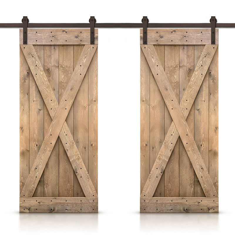 Porte de grange en bois massif lambrissé et métal, 52 po x 84 po, Brun pâle
