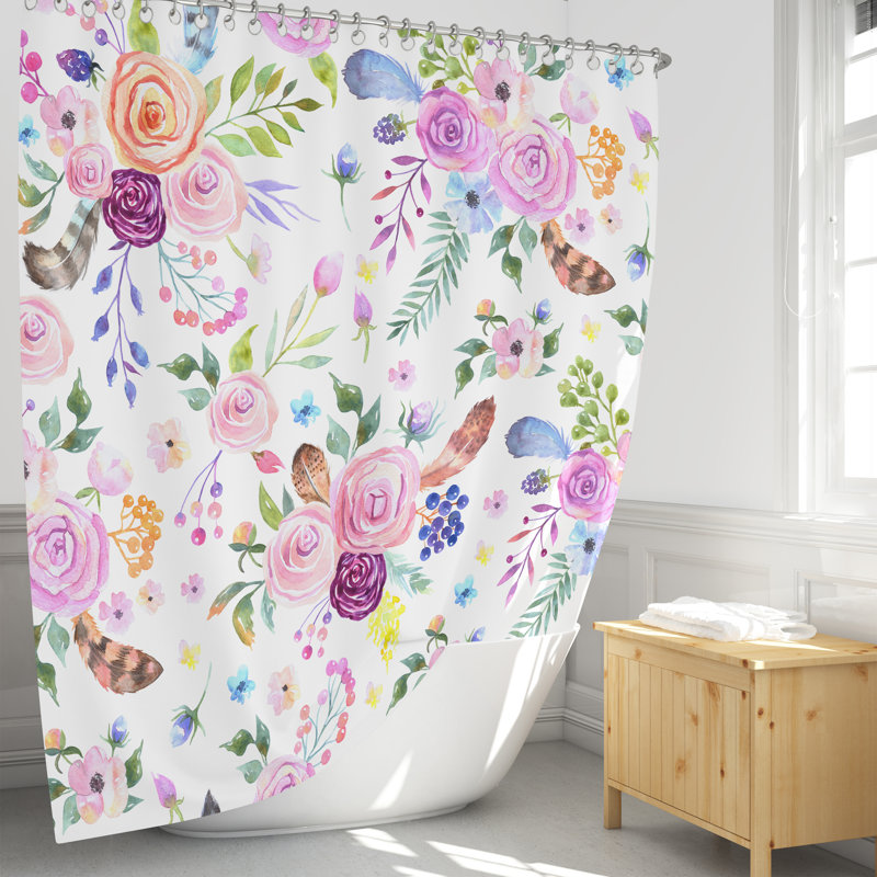 Rideau de douche simple floral + crochets, H 93 po x l 70 po