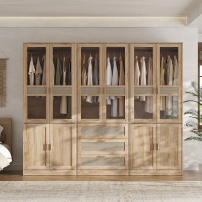 79.1" H x 94.5" W Farmhouse 3-Unit Large Wardrobe Armoire with Rattan Accents, Glass Doors and Drawers
