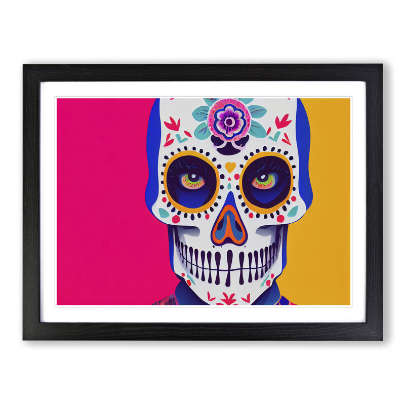 Cosmopolitan Floral Sugar Skull - Single Picture Frame Print, 46cm H x 64cm W x 2cm D, Black Framed