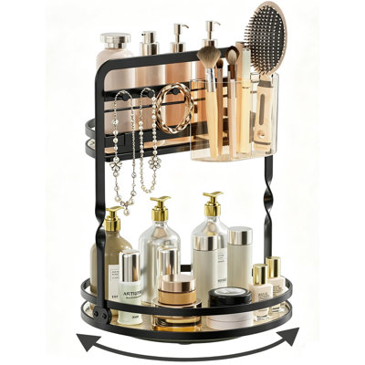 Organisateur de maquillage rotatif à 360° pour coiffeuse, salle de bain et parfum, avec porte-pinceaux et crochets pour bijoux, étagère de rangement pivotante pour parfums et soins de la peau, 2 niveaux, (noir)