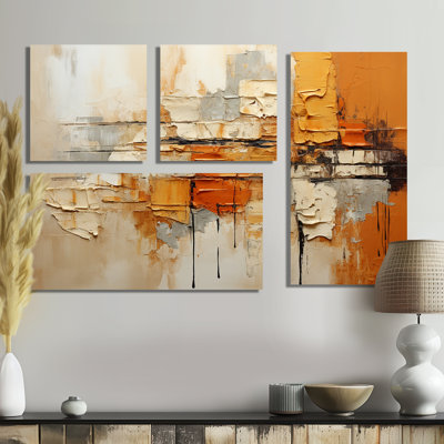 Orange Impressions III - Collages abstraits, art mural 4 pièces