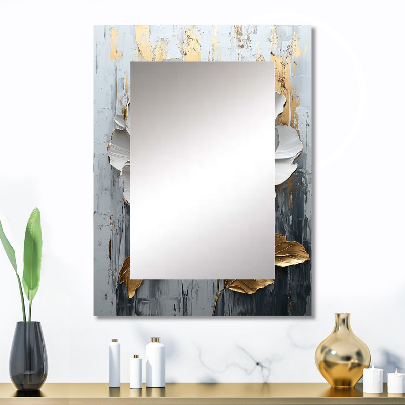 Or doré marbre blanc pivoine IV - miroir mural pivoine, miroir décoratif doré, impression d'art en métal, 32 po x 24 po