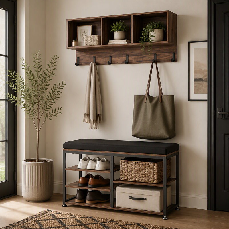 Porte-manteau 3 en 1 avec banc à chaussures et étagère, organisateur de porte d'entrée