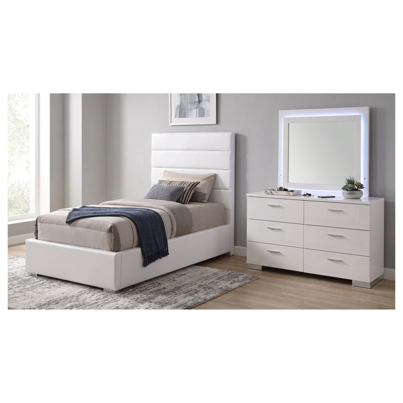 Ensemble de chambre à coucher Genevieve White Twin 3 pièces avec lit rembourré, commode et miroir DEL
