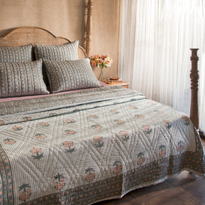60" x 90" Kunj Floral Blue Reversible 100% Cotton Lightweight Floral Bedspread