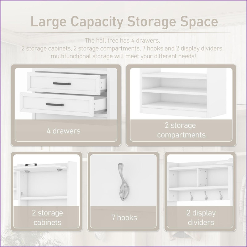 Hall Tree 4-in-1 Detachable with Storage Cabinets, Drawers &amp; 7 Hooks | Beige | MDF + Particle Board, White