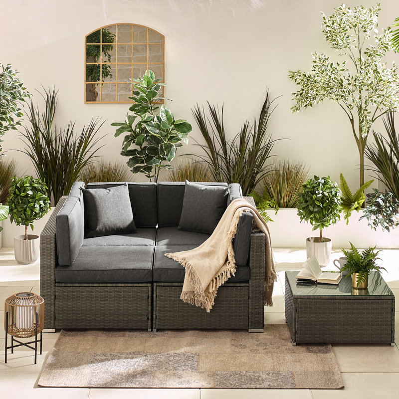 Miacomet Modular PE Rattan Garden Sofa Set and Table for Modern Gardens and Patios (Cover Included), Grey Cushion/Grey Frame
