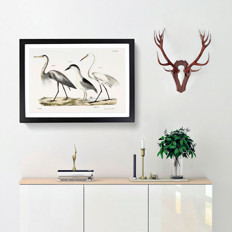Three Herons by J.E. De Kay - Picture Frame Painting Print, 27cm H x 36cm W x 2cm D, Black Framed