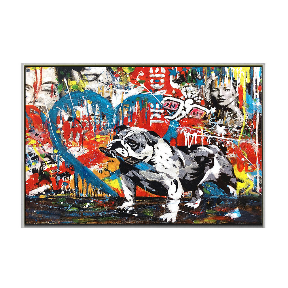 Gemälde Street Art Bulldogge 60 x 90cm Silberner Rahmen