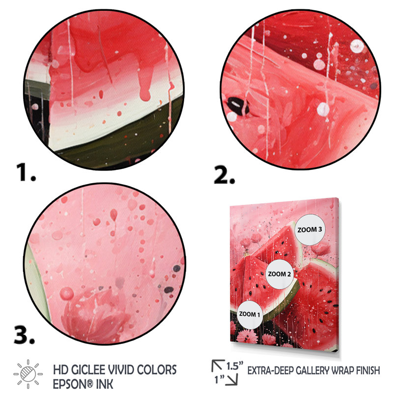 Fruit pastèque rose pointillisme encadré sur toile, Cadre noir, H 20 po x l 12 po x P 1 po