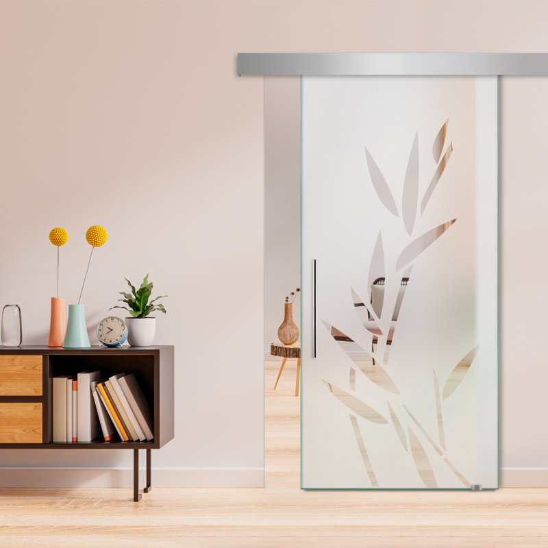 Porte de grange coulissante en verre sans cadre avec motif givré moderne et ensemble de quincaillerie (semi-privée)