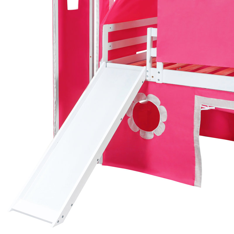 Lit simple mezzanine rose avec glissade et tour - matériaux, trois options d'installation, espace spacieux pour les maisons de poupées en bois massif, méthodes, salle de jeu