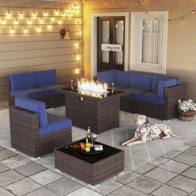 8 Piece Patio Furniture Set with 44" Propane Gas Fire Pit Table, Outdoor Sectional Conversation Set Wicker Rattan Sofa Set with Coffee Table