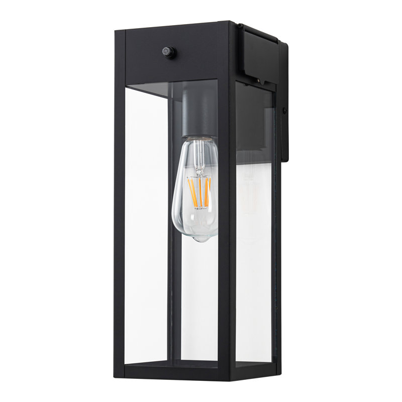 Black Metal Dusk-to-Dawn Outdoor Wall Lantern with GFCI Outlet