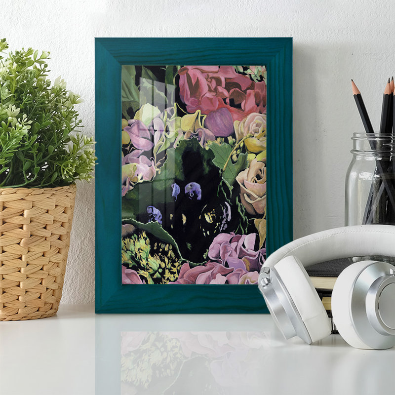 Floral sur fond noir IV encadré sur papier, H 6 po x l 4 po x P 1 po, Bleu