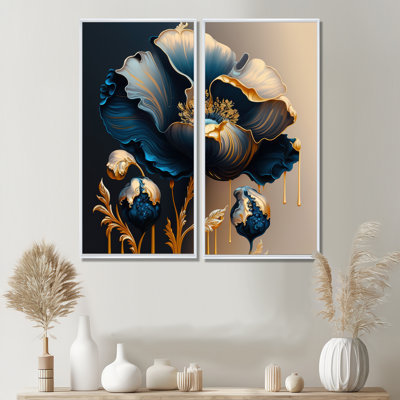 Bleu profond et fleur simple or V - impressions sur toile bleues 2 pièces