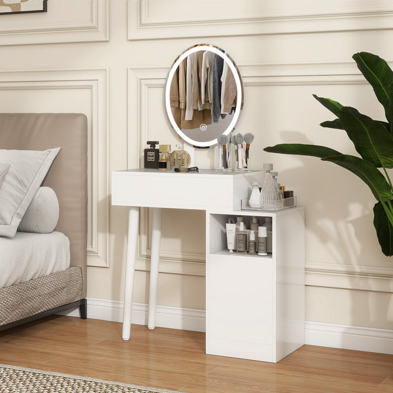 Farmhouse Large Vanity Dressing Makeup Table with 3 Drawers and Built-In Power Supply