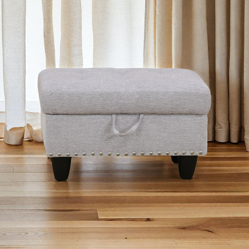 Yeni 28.5" Wide Upholstered Storage Ottoman, Gray White Linen