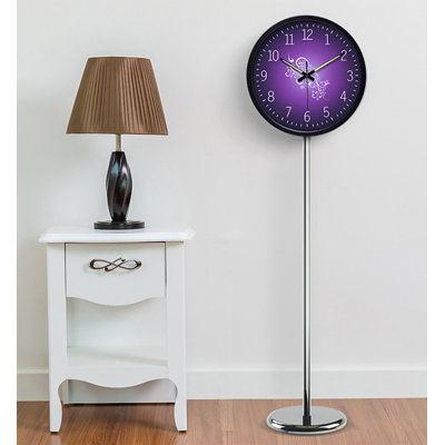 Distinct Metal Floor Clock Slim Pole Purple Floral Face Home Time Ornament