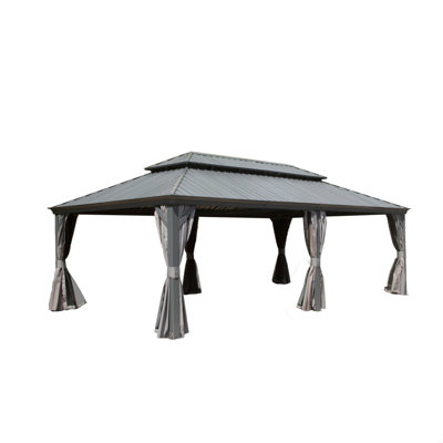 14ft Hardtop Gazebo, Outdoor Gazebo With Galvanized Steel Double Roof, Aluminum Frame, Built-In Gutter System, Curtain And Netting, Metal Gazebo Pavilion
