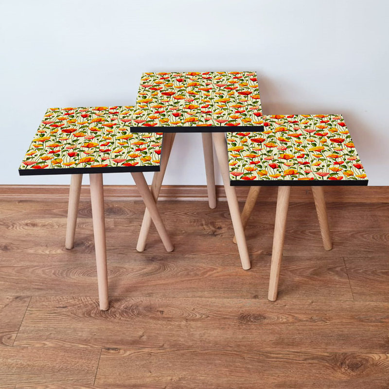 Modern Nesting Table Set (3 Pieces), Beech Wood Legs, 13.8 x 20.5 x 13.8 in, 13.8 x 18.5 x 13.8 in, 13.8 x 16.5 x 13.8 in | 100% MDF, Elegant Flower Design | Versatile for Living Room, Office & Study Spaces