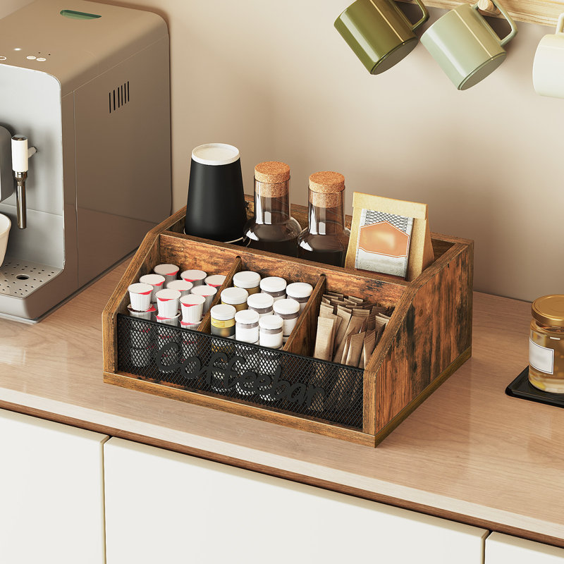Organisateur de dosettes de café, organisateur de bar à café en bois pour comptoir, support à dosettes polyvalent avec séparateurs, porte-sirop, tasses, sachets de thé, assemblage facile