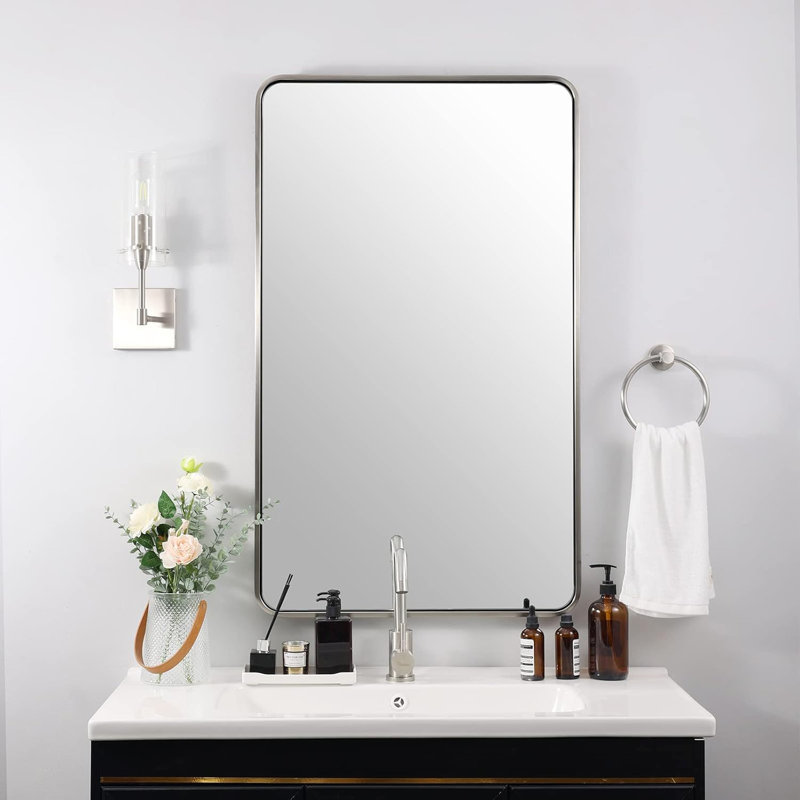 Contemporary Rectangle Bathroom Vanity Mirror | Stainless Steel Thick Frame, 40" x 24", Brushed Nickel