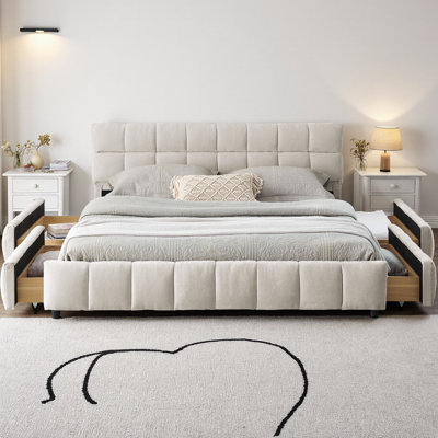 Queen Size Upholstered Platform Bed with Storage Drawers, Soft Chenille Fabric Bed Frame with Headboard, Modern Grounded Design, No Box Spring Needed, Easy Assembly